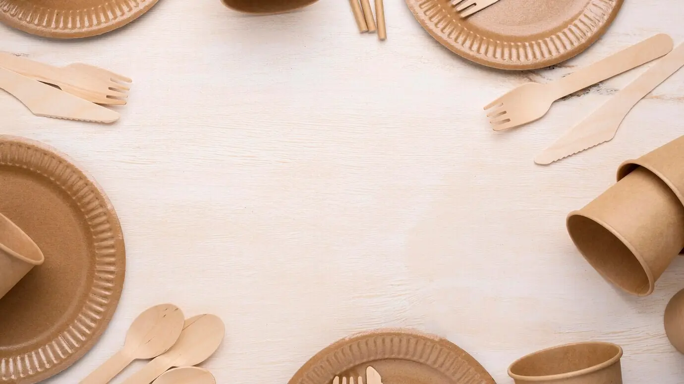 Umweltfreundliches Einweg-Papiergeschirr, Ansicht von oben, mit Textfreiraum